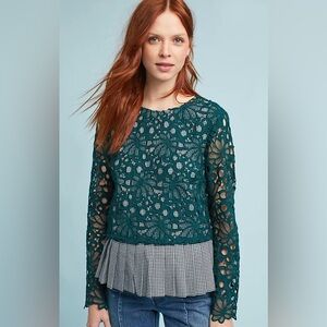Anthropologie Teal Lace Blouse with Black and White Accents